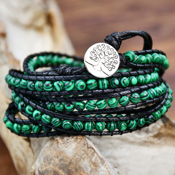 リゾート気分 マラカイト編み込み コスタリカ風 手作り バングル  