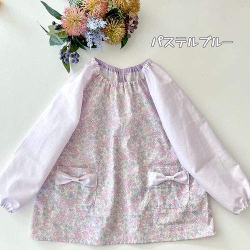 5色 花柄とリボン☆90-130cmキッズスモック☆掛け紐付き ループ 可愛い