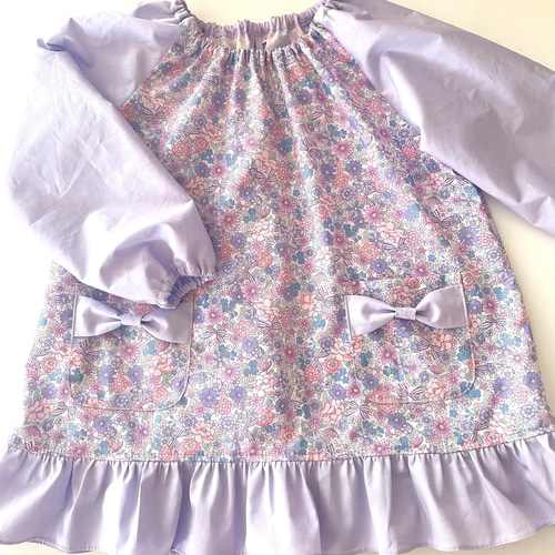 5色 花柄とリボン☆90-130cmキッズスモック☆掛け紐付き ループ 可愛い