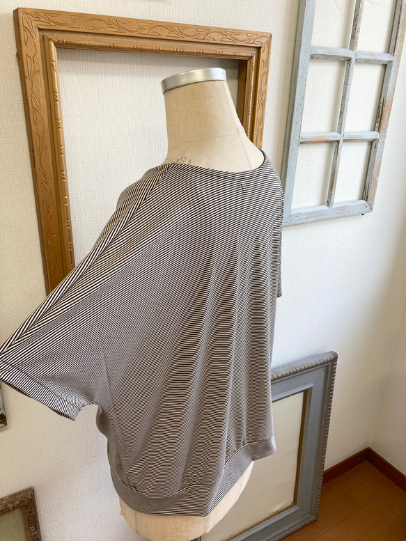 セール価格★めちゃ使えるトップス❤️ボーダー柄の前タックドルマンTシャツ　茶（サイズフリー  L〜L L） 7枚目の画像