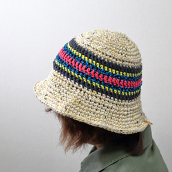 サマーニット帽　手編みのバケットハット　かぎ針編み　春夏　帽子　イエロー系　メンズ　レディース　ジュニア 2枚目の画像