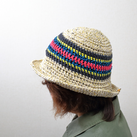 サマーニット帽　手編みのバケットハット　かぎ針編み　春夏　帽子　イエロー系　メンズ　レディース　ジュニア 1枚目の画像
