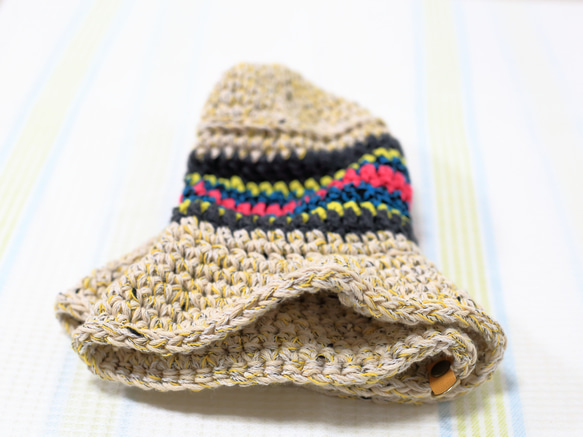 サマーニット帽　手編みのバケットハット　かぎ針編み　春夏　帽子　イエロー系　メンズ　レディース　ジュニア 9枚目の画像