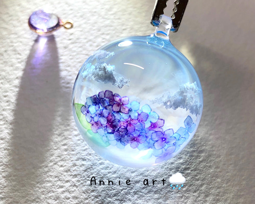 情景レジン-雨後(M size) 紫陽花ハンドメイド2023/透明感/花