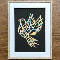 受注制作☆アイヌ紋様『小鳥の切り絵』水色系和紙＜2L版＞Happy