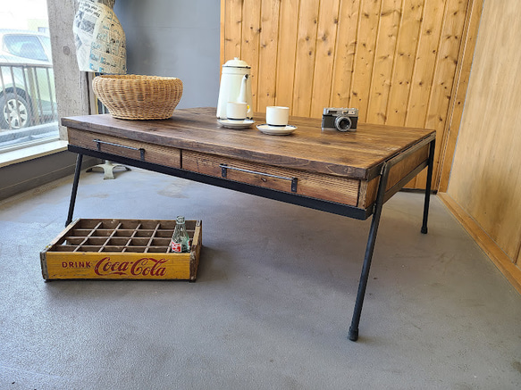 VINTAGE-SUGI DRAWER TABLE　古材×アイアンのセンターテーブル 1枚目の画像