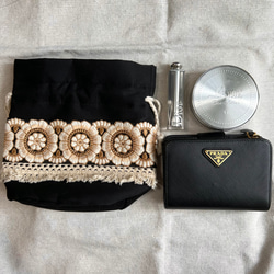 インド刺繍リボン と コットンフリンジ の 巾着 ポシェット ブラック ショルダーバッグ ミニバッグ 派手 #63 3枚目の画像