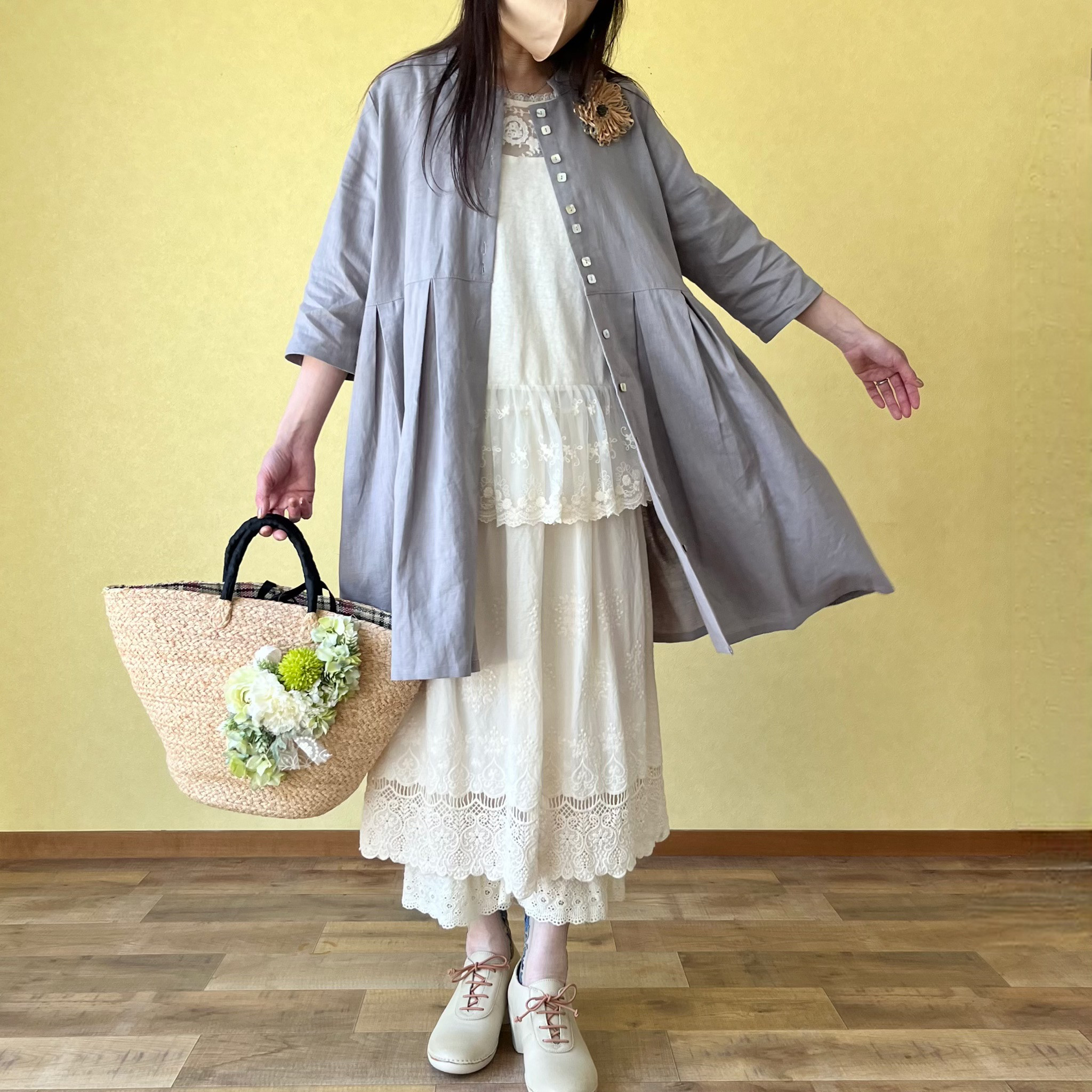 羽織りにもなるリネンの5分袖チュニック♪ニコニコボタンのチュニックワンピ（24s−025）