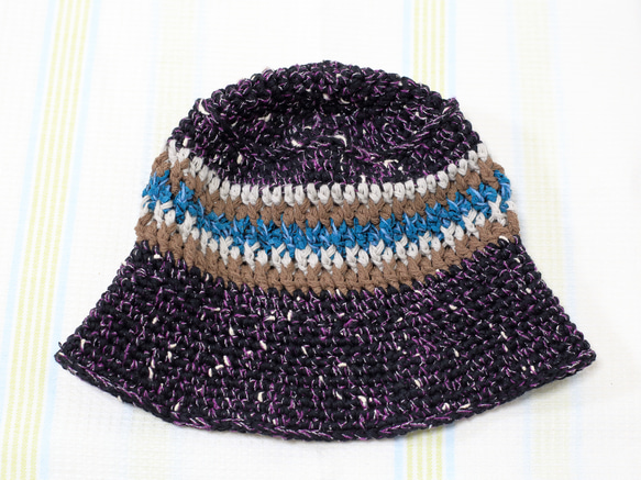 サマーニット帽　手編みのバケットハット　かぎ針編み　春夏　帽子　ブラック　パープル　メンズ　レディース　ジュニア 3枚目の画像