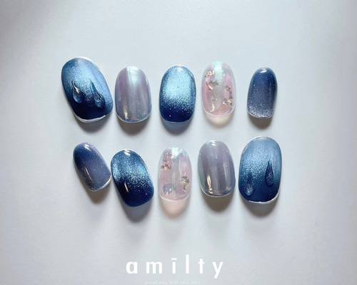 ネイルチップ　オーダー　受付！　 水色　マグネット　キラキラネイル _015. 夏/ブルー/オーロラネイル/マグネットネイル/水玉 ネイル