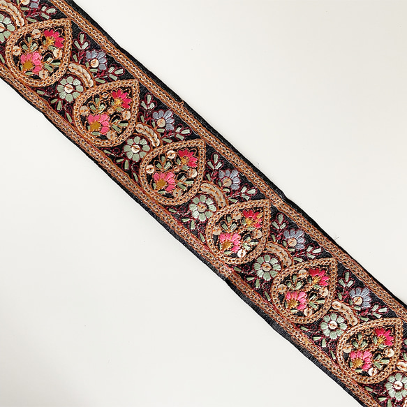 [ 299 ] 黒 雫 花柄 幅:5.5cm インド刺繍 リボン 4枚目の画像