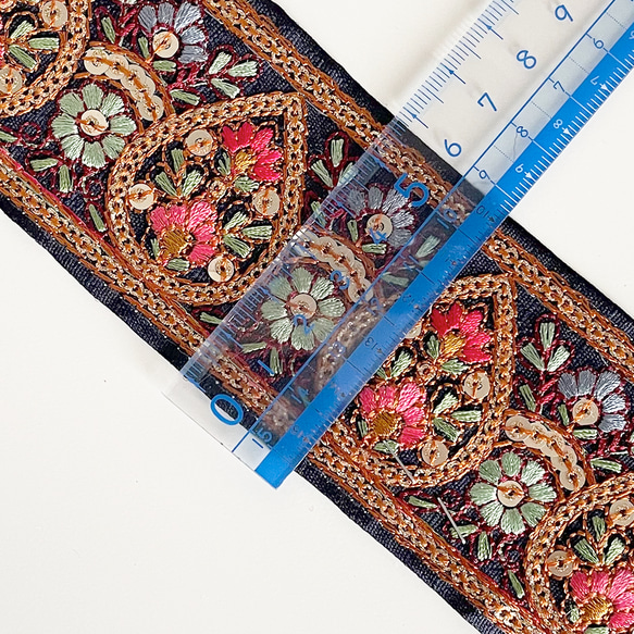 [ 300 ] 紺 ブルー 雫 花柄 幅:5.5cm インド刺繍 リボン 5枚目の画像
