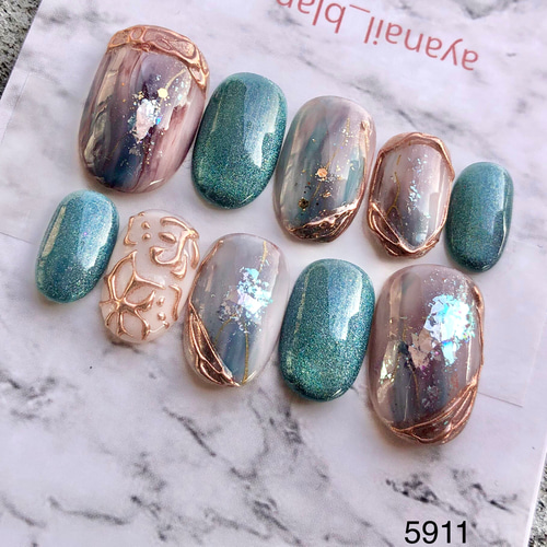 ネイルチップ 5911 ターコイズ ブルー グリーン 現品 サイズ変更不可