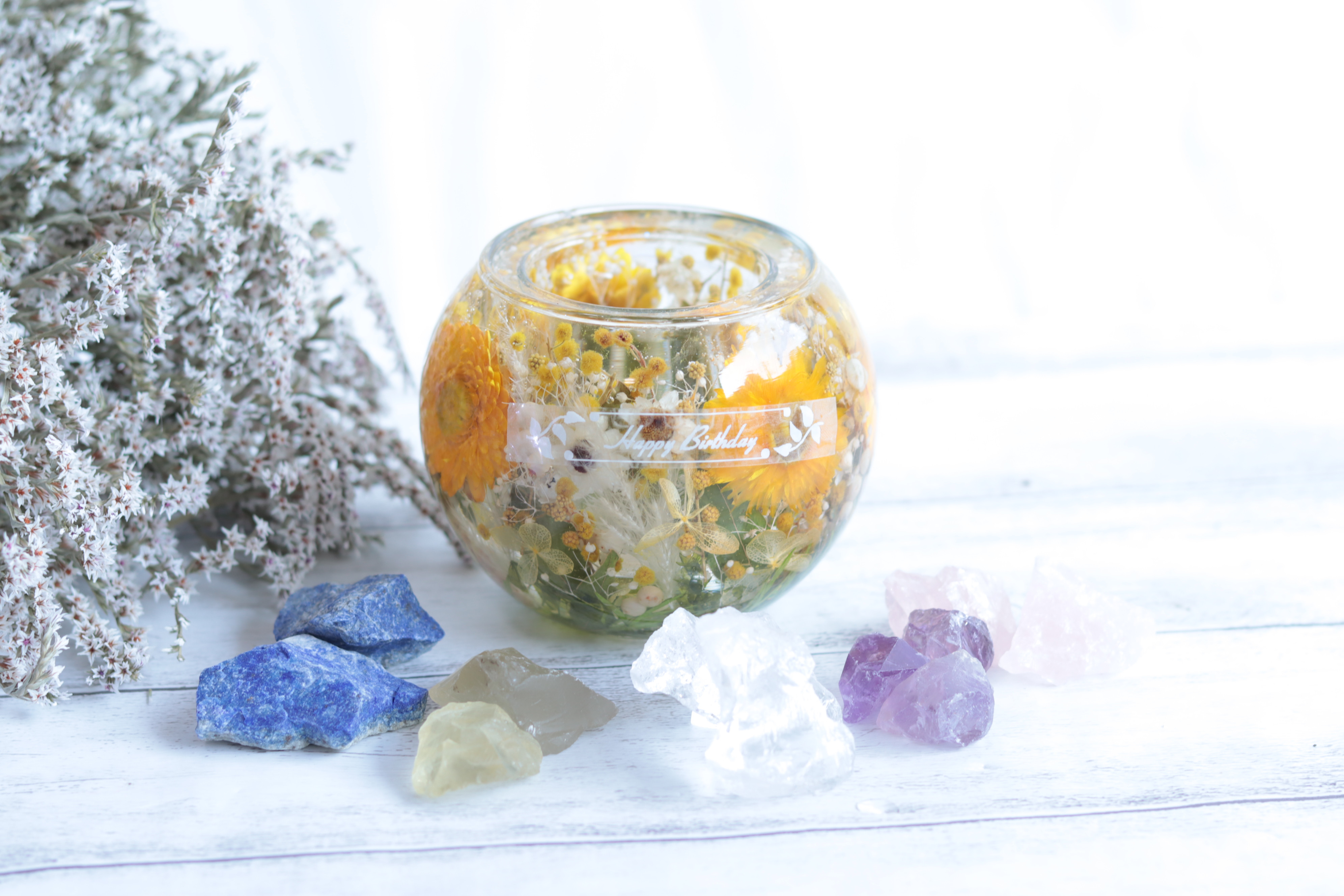 【選べる天然石アロマストーン】「ミモザと野花の水中庭園」固まるハーバリウムキャンドルホルダー&アロマポット