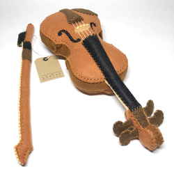 小さな音楽家のための【はじめてバイオリン】ブラウン（リアル）フェルト製の手縫いぬいぐるみバイオリン No.230520 4枚目の画像