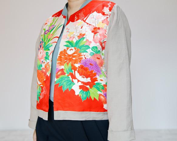 KIMONO CREW NECK JACKET  -ヴィンテージ着物を使ったクルーネックジャケット １点物です！ 2枚目の画像