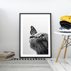 キュート ネコと蝶々 モノトーン  / インテリアポスター 海外アート / 4926 7枚目の画像