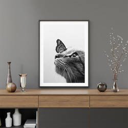 キュート ネコと蝶々 モノトーン  / インテリアポスター 海外アート / 4926 6枚目の画像
