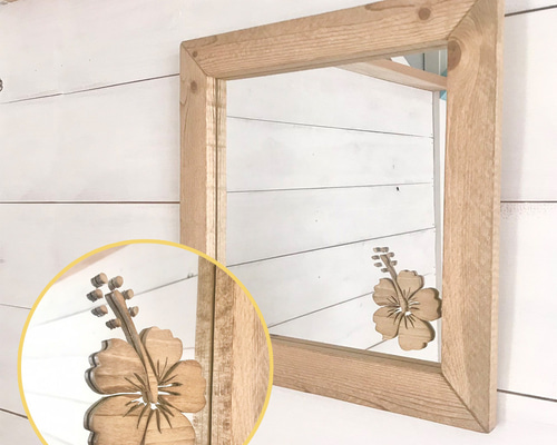 Ｙ フラワー～古き良きハワイアン風 可愛い 花柄 ミラー 掛け鏡 鏡 木製 Y フラワー～古き良きハワイアン風 可愛い 花柄 ミラー 掛け鏡