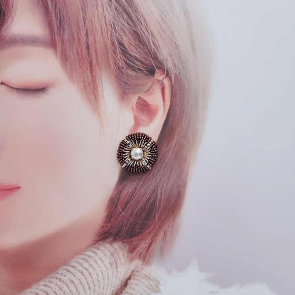 【pierce/earring】クールな丸ピアス/イヤリング[ブラウン][オートクチュール刺繍] 8枚目の画像