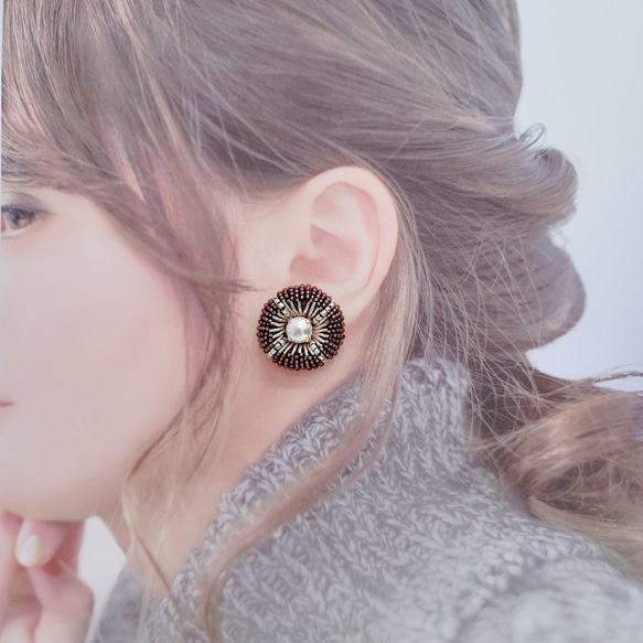 【pierce/earring】クールな丸ピアス/イヤリング[ブラウン][オートクチュール刺繍] 6枚目の画像