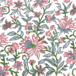 [50cm單位]白色粉紅色花灰葉印度手工塊印花布料紡織棉 第2張的照片
