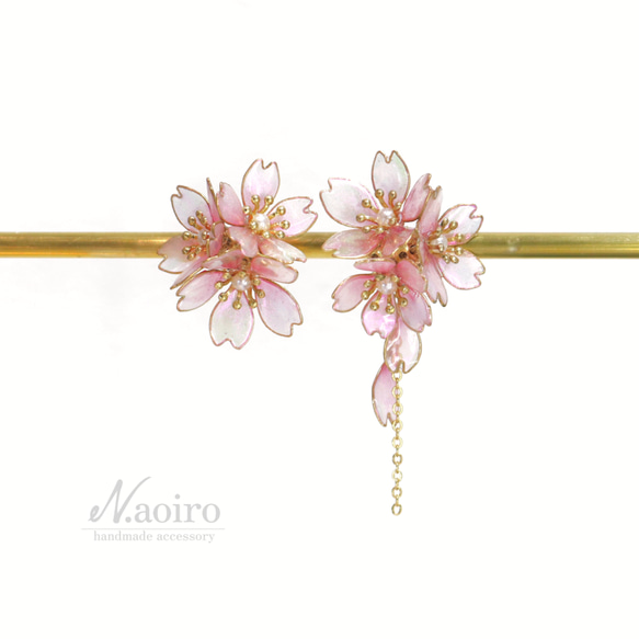 咲き誇る桜(ピアス) ディップアート 揺れる 上品 レジン 大ぶり【春色新作2024】桜ハンドメイド2024 7枚目の画像