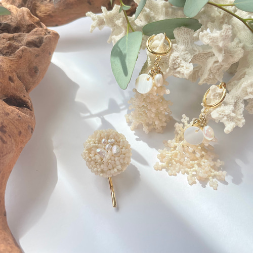 ビーズ刺繍アクセサリー/ビーズアクセサリー/イヤリング/シェル/サンゴ