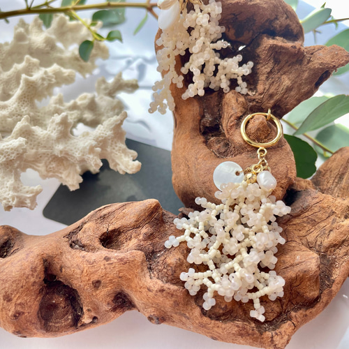 ビーズ刺繍アクセサリー/ビーズアクセサリー/イヤリング/シェル/サンゴ 
