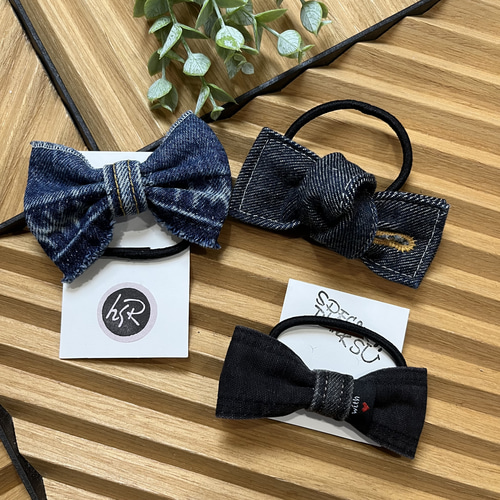 ̮デニムリボンのヘアゴムトリプルセット