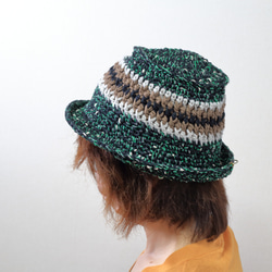 サマーニット帽　バケットハット　手編み　かぎ針編み　春夏　帽子　ブラック　グリーン　メンズ　レディース　ジュニア 2枚目の画像