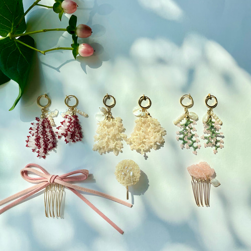 ビーズ刺繍アクセサリー/ビーズアクセサリー/イヤリング/シェル/サンゴ
