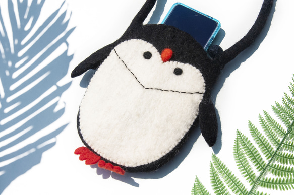天然ウールフェルトクロスボディバッグサイドバックパックアニマルウールフェルトiPhone電話ケースファーキッドペンギンバッグクリ 1枚目の画像