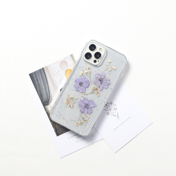 押し花デザイン iPhoneケース クリア 15 14 13 12 mini SE 11 ラメ 花柄 大人可愛い 韓国 5枚目の画像