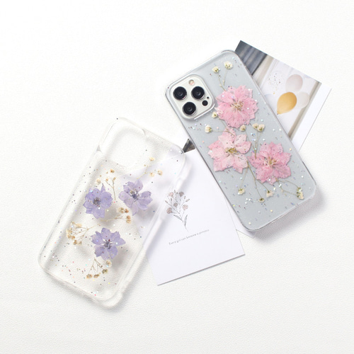 押し花デザイン iPhoneケース クリア 15 14 13 12 mini SE 11 ラメ 花 