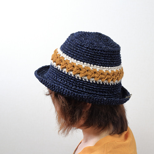 サマーニット帽 バケットハット リネン 麻混 手編み かぎ針編み 春夏