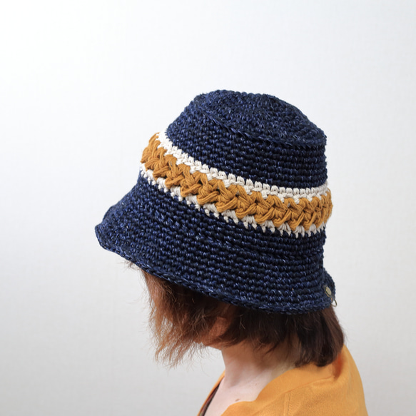 サマーニット帽　バケットハット　リネン　麻混　手編み　かぎ針編み　春夏　帽子　ネイビー系　メンズ　レディース 1枚目の画像