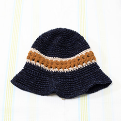 サマーニット帽　バケットハット　リネン　麻混　手編み　かぎ針編み　春夏　帽子　ネイビー系　メンズ　レディース 3枚目の画像