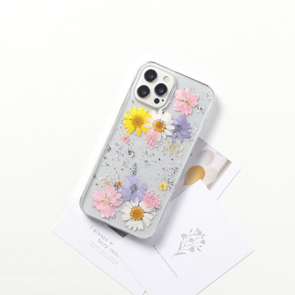 押し花デザイン iPhoneケース クリア 15 14 13 12 pro SE 11 ラメ入り 花柄 大人可愛い 韓国 5枚目の画像
