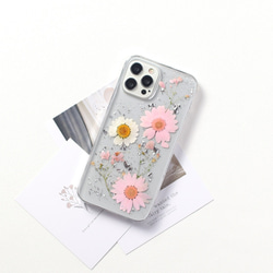 押し花デザイン iPhoneケース クリア 15 14 13 12 pro SE 11 ラメ入り 花柄 大人可愛い 韓国 6枚目の画像