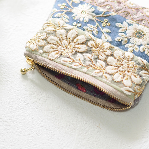 フラットポーチ インド刺繍リボン×パールチュールブレード