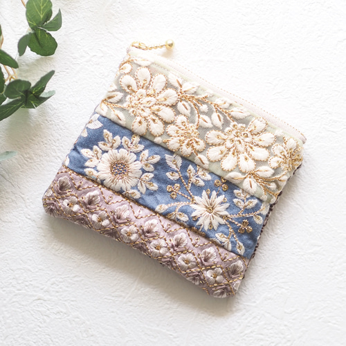 限定1点】インド刺繍リボンとラリーキルトのポーチ（インド
