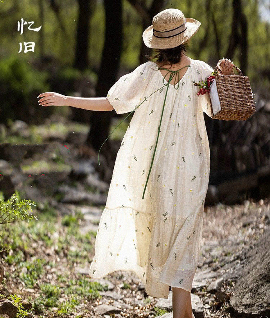 美品☆ヌキテパ ワンピース 刺繍 ガウン リネン リボンベルト 2way