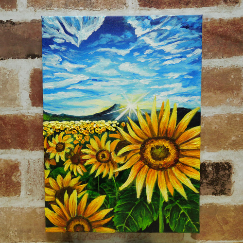 油絵 油彩 油彩画 絵 絵画【山中湖のひまわり畑】A3 油絵 油彩 油彩画 絵
