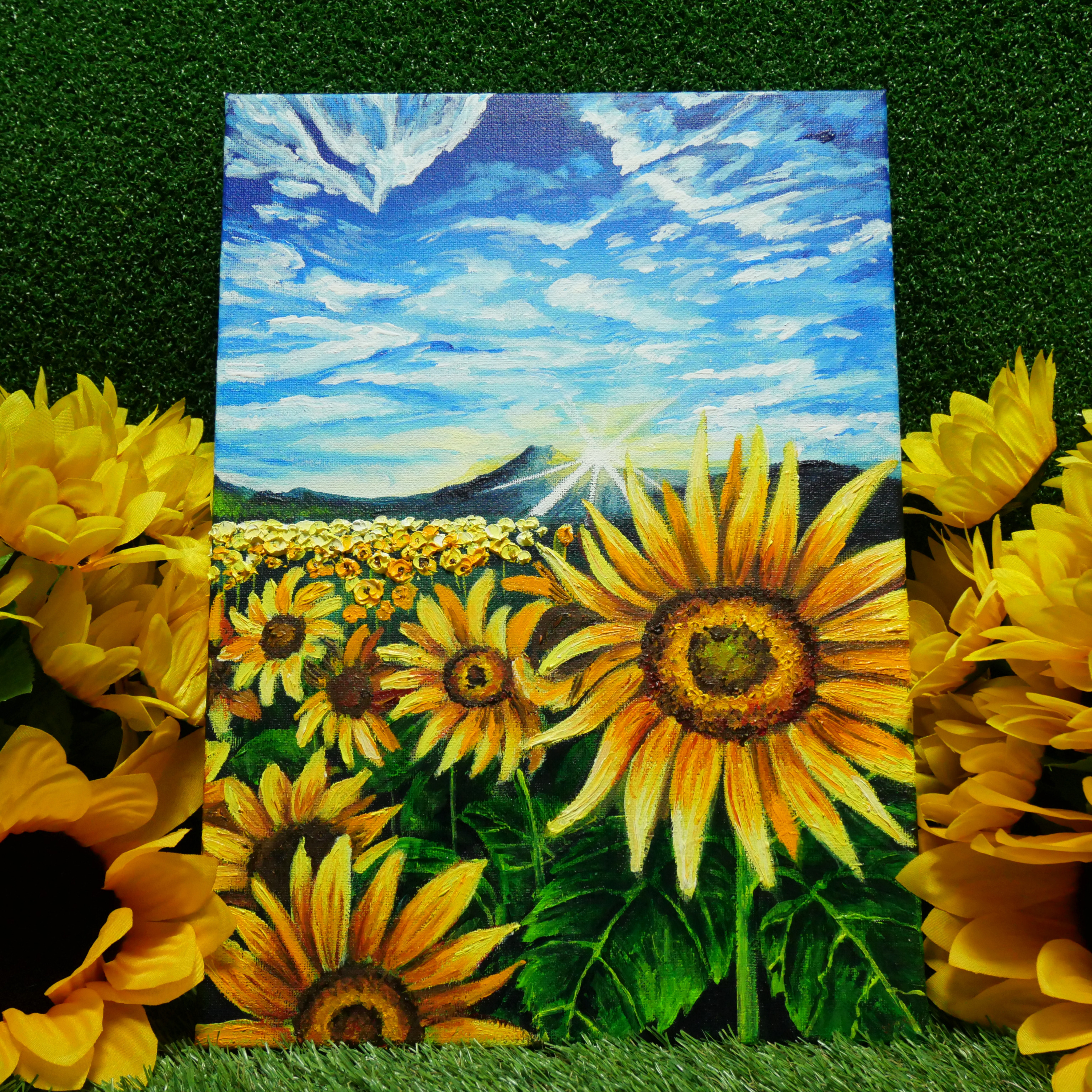 油絵 絵画 ひまわり畑の富士山【A4】