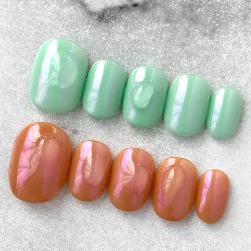 オレンジ ミントグリーン ぷっくりニュアンスネイル ネイルチップ 韓国