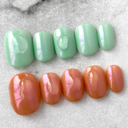 ネイルチップ・付け爪 mint オレンジ ミントグリーン ぷっくりニュアンスネイル ネイルチップ 韓国