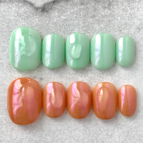 ネイルチップ・付け爪 mint オレンジ ミントグリーン ぷっくりニュアンスネイル ネイルチップ 韓国