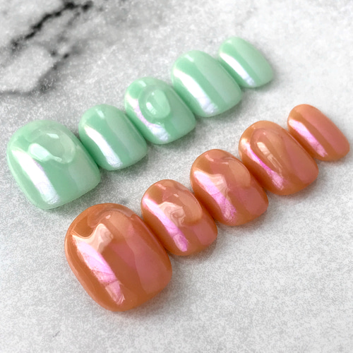 オレンジ ミントグリーン ぷっくりニュアンスネイル ネイルチップ 韓国