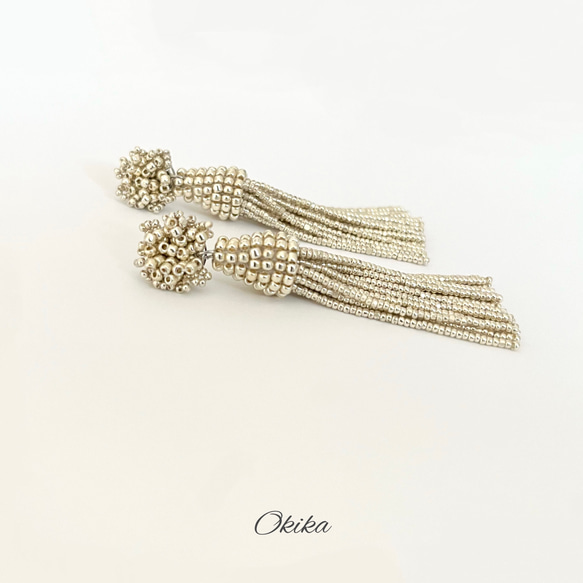 ビーズ タッセル ピアス/イヤリング【メタリックシルバー】ーGlanzーCharlotte Beads tassel 5枚目の画像